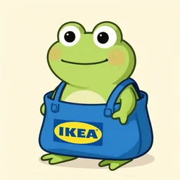 cartoon, happy frog wearing a blue ikea bag as pants