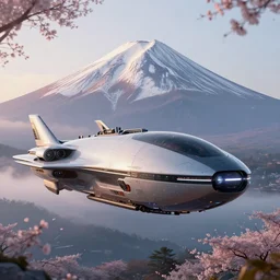 a futuristic dieselpunk vehicle hover craft in the future of 2 0 8 9 futuristic version, cyberpunk look. digital art. trending on artstation. cyberpunk look hovering by mount fuji early in the morning with a few blossom trees around, high quality photo