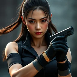 an asian woman with a gun in both hands, with a face like zhang ziyi, long hair in a ponytail, wearing a black vest and black gloves