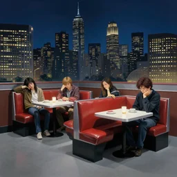 cgi jade by michael sowa, by kazuki takamatsu. the art installation shows four people sitting in a diner late at night. the people in the art installation look tired & lonely. the art installation is set in new york city & shows the city's skyline in the background.
