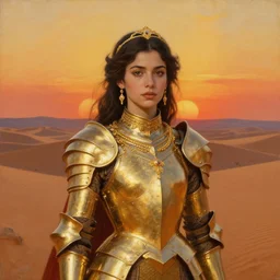 young dejah thoris on mars wearing detailed plate armor made of gold, portrait, blazing sunset, gold jewelry, elegant small tiara, giant sand dunes to the horizon, fantasy, painterly, oil painting on canvas, by sargent, alphonse mucha, arthur henri, lane brown