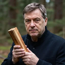 viktor orban in a forest, highly detailed face, holding a wood piece, by gustave courbet