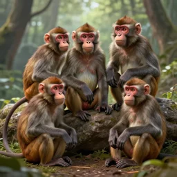 4 monkeys surrounding a rathalos, digital art, highly detailed