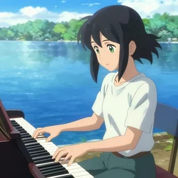 Anime girl! playing piano! on blue water, far away, landscape, scenery, green eyes, Cushart Krenz, Shinkai Makoto, by Lluluchwan, lots of details, highly detailed, 4k, detailed body