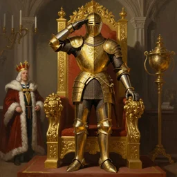 a tall royal knight in golden armor saluting his king in a throne room, painting, digital art, harsh lighting