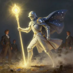 painting of an ephemeral victorian warrior soldier with a glowing staff striking the ground, sunbeam, cape of stars, legs fading to dust, by peter mohrbacher, john avon, dan mumford, craig mullins nekro, volumettic light, cgsociety, pixiv, 3 d render
