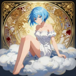 a girl with short light blue hair and blue eyes is sitting on a cloud, anime style, light effect, anime style hyper detailed, illustration, bloody, intricate, elegant, digital painting, artstation, smooth, sharp focus, art by artgerm and greg rutkowski and alphonse mucha.