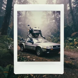 oversized robocar deloreanrobotmech, fog, in deep vaporwave jungle forest jungle, overcast! cinematic focus, old damagaed polaroid photo, vintage, neutral colors, faded!! very soft lights, big overcast, very foggy, full shot by steve hanks, by serov valentin, by lisa yuskavage, by andrei tarkovsky
