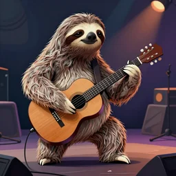 realistic bipedal sloth, long airy fur with human face, playing a guitar on rock stage, in the style of laszlo moholy - nagy, archibald thorburn, stylized, ornately detailed, chromatic aberration