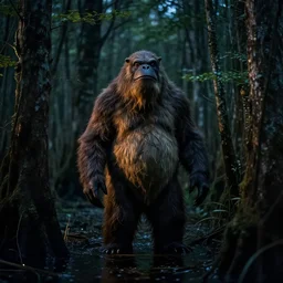 a portrait of a swamp monster in a wooded bog at night, cinematic, wildlife photography, moody lighting, volumetric light