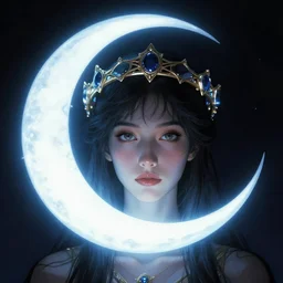 artemixel, the modern reincarnation of the old selenium greek god of hunt, also known as artemis the selene, carrying the celebrated crown of the crescent moon wich its usual bright and slightly bluish crescent like the brightness of the night, a close - up portrait by moebius, karol bak and ayami kojima, character design, sci - fi, concept art