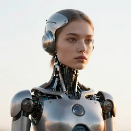 beautiful Fine art photography of a solarpunk part robot part human girl with real human face and chest, white background, highly detailed, medium shot, photorealism, sunset lighting 8k