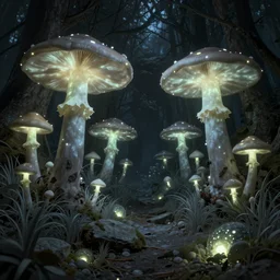 an underground forest of giant luminous mushrooms, lush grey grass and glowing stones on the forest floor, dark ambient environment lighting, by greg rutkowski by greg tocchini by james gilleard, concept art, digital art, 8 k, hdr, fantasy, dark fantasy, trending on artstation, intricate