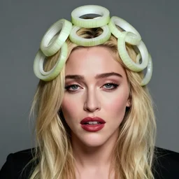 a photograph of madonna who is upset because her head is covered in onion rings.