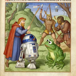 page from a 1 4 th century monk's manuscript illustrating an epic battle between r 2 d 2 and pepe the frog