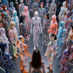 love, diverse translucent cybersuits, from behind, connection rituals, wide wide angle, vivid, elaborate, highly detailed, beautiful lighting