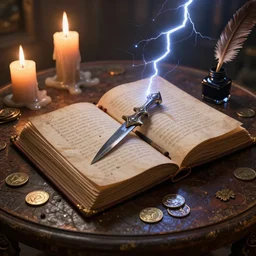 an open spellbook on an antique table, melting candles, sacrificial dagger, ink and quill, coins, micro details, masterpiece, dramatic lightning, very high details, by digital domain, by weta digital, by lim