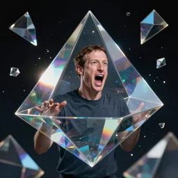 mark zuckerberg trapped in a space prism, a prison of his own making, he is screaming but no one can hear him, prismatic destruction, hyperreal, artstation