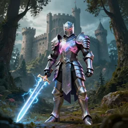 knight detailed neon armor, sword lightnings, front castle in great forest, art station by greg rutkowski - artstation, realistic, 4 k