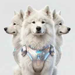 ! dream symmetry!! portrait of a samoyed dog, sci - fi, tech wear, glowing lights!! intricate, elegant, highly detailed, digital painting, artstation, concept art, smooth, sharp focus, illustration, art by artgerm and greg rutkowski and alphonse mucha