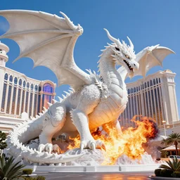 luxurious white viking dragon destroying the cyberpunk theme luxor hotel in las vegas with intense destructive fire 🔥, by greg rutkowski, james jean, peter mohrbacher, rule of thirds, sigma look, beautiful, intricate, majestic, award winning
