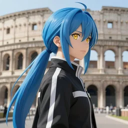profile shot of rimuru tempest looking forward, sky blue hair, ponytail, long bangs, gold eyes, black jacket with white stripes and a high collar, highly detailed, roman city, concept art, shutterstock, cinematic, wlop | artgerm, pixiv, ilya kuvshinov, greg rutkowski, yoshitaka amano