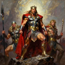beautiful portrait oil painting, jason momoa conan the barbarian thor standing on a rock wearing a crown and royal crimson spartan armor enthroned as the god emperor of ancient rome, muscular!!!, action pose, frank frazetta, boris vallejo, greg rutkowski, beautiful cinematic light, low angle, thomas lawrence, greg rutkowski, high contrast