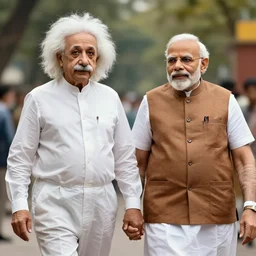 a portrait of einstein and modi walking whilst holding hands, highly detailed, trending on artstation, bokeh, 9 0 mm, f / 1. 4