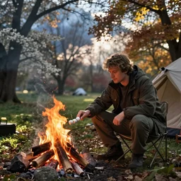 camping inspired by Evgeny Lushpin,toasting marshmallows,campfire,spring,autumn,cinematic
