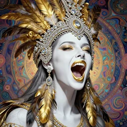 absurdly beautiful, fashionable young woman with clear white skin screaming loudly, lips painted gold, wearing an intricate headdress made from diamonds and gold and feathers, wearing large earrings made from feathers, background in the fourth dimension, psychedellic fractals, ayahausca, tryptamine, hyperdetailed illustration by irakli nadar and alexandre ferra, intricate linework, unreal engine 5 highly rendered, global illumination, radiant light, detailed and intricate environment