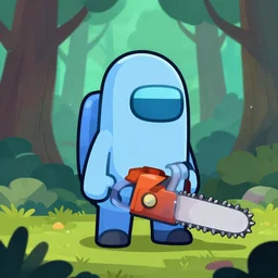 character from the Among us game standing in the forest, holding a chainsaw