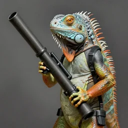 a portrait of an anthropomorphic iguana holding a bazooka, cyberpunk!, fantasy, elegant, digital painting, artstation, concept art, matte, sharp focus, illustration, art by josan gonzalez