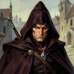 portrait of a sly rogue, illustration by larry eltmore, in a medieval city