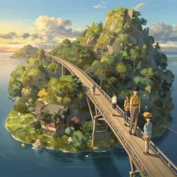 bridge in the island in the border of life and death, rutkowski, rhads, ferdinand knab, makoto shinkai lois van baarle, ilya kuvshinov, rossdraws, tom bagshaw, global illumination, intricate, detailed, atmospheric lighting, golden hour