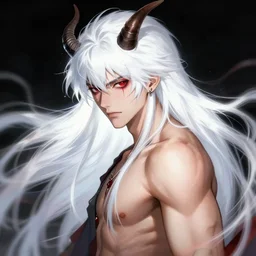 buffed guy, long white hair, horns, red eye makeup, style of makoto shinkai and artgerm and loish, dynamic lighting trending on artstation