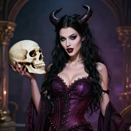 a voluptuous evil female goddess witch holding a skull, photo real, very realistic