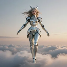 symmetry! portrait of a beautiful biblical diabolical agile girl, in reflective porcelain cyborg armor, in clouds, cinematic studio light! windy, sunrise, by gerald brom, by mikhail vrubel, by peter elson, muted colors, extreme detail! trending on artstation, 8 k