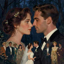 a cinematic beautiful close up portrait of two male lovers, forest midnight, wedding photography, film, elegant, digital painting, artstation, concept art, illustration, art masterpiece by art by krenz cushart, artem demura, alphonse mucha, yoji shinkawa, artgerm, jon lothian, danilo torres, adi meyers, thomas reimann, gaston bussiere