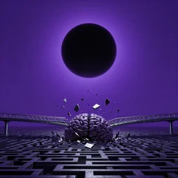 a dark matter of purple sky with a black sun falls to the ground and breaks into fragments, metallic bridge, futurism, schizophrenia, hyperrealistic fall, maze brain