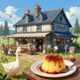 the blue goose tavern. a big and famous roadside tavern. delicious fried pudding with sweet liquor is served here. fantasy art, high details, illustration by ross tran, james gurney, by craig mullins, by greg rutkowski