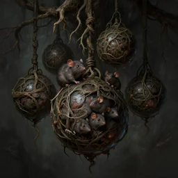 dark dungeon hanging orbs held together by tree roots and rats glowing eyes, deep focus, intricate, highly detailed, digital painting, artstation, concept art, matte, sharp focus, illustration, art by artgerm and greg rutkowski
