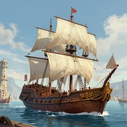 ship in a medieval harbor, artstation, deviantart