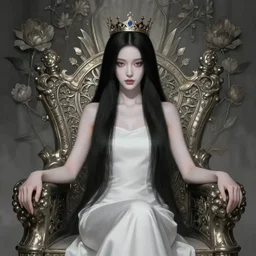 a beautiful black haired woman with pale skin and a crown on her head sitted on an intricate metal throne, flower decoration on the background, beautiful illustration, atmosphere, top lighting, perfect composition, smooth, highly detailed, art by so - bin and yuhong ding and chengwei pan,