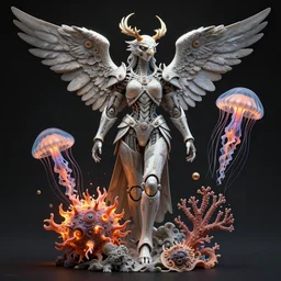 intricate armored angel, eagle coral, jelly fish, mandelbulb 3 d, fractal flame, octane render, cyborg, biomechanical, futuristic, by ernst haeckel