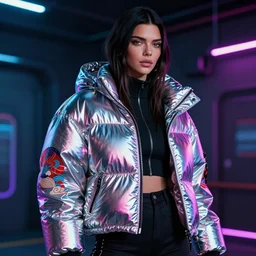 neon operator kendall jenner, cyberpunk futuristic neon, reflective puffer jacket, decorated with traditional japanese ornaments by ismail inceoglu dragan bibin hans thoma greg rutkowski alexandros pyromallis nekro rene maritte illustrated, perfect face, fine details, realistic shaded, fine - face, pretty face