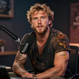 Logan Paul giving a podcast On the radio wolverine , artstation, Greg rutkowski, cinematic, digital Art