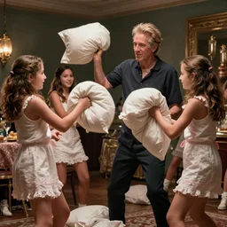 Jeffrey Epstein having a pillow fight with teenager girls at a slumber party