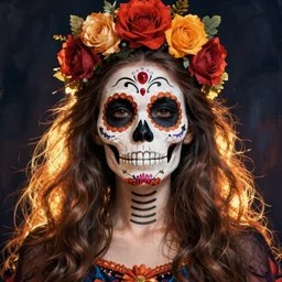 Illustration of a sugar skull day of the dead girl, art by arnold bocklin