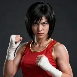 a portrait of real life korra, hyper realistic, 8 k hdr movie, muscular, wearing red tanktop vest with gold lining, white bandages on fists, black hair, short - medium length hair, serious, style by donato giancola, wayne reynolds, jeff easley dramatic light, high detail, cinematic lighting, artstation, dungeons and dragons
