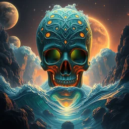skull, water wave, alien planets, ornate and intricate, glowing nether portal, dim painterly lighting volumetric aquatics, jaw droping by anton fadeev, by rhads, 4 k